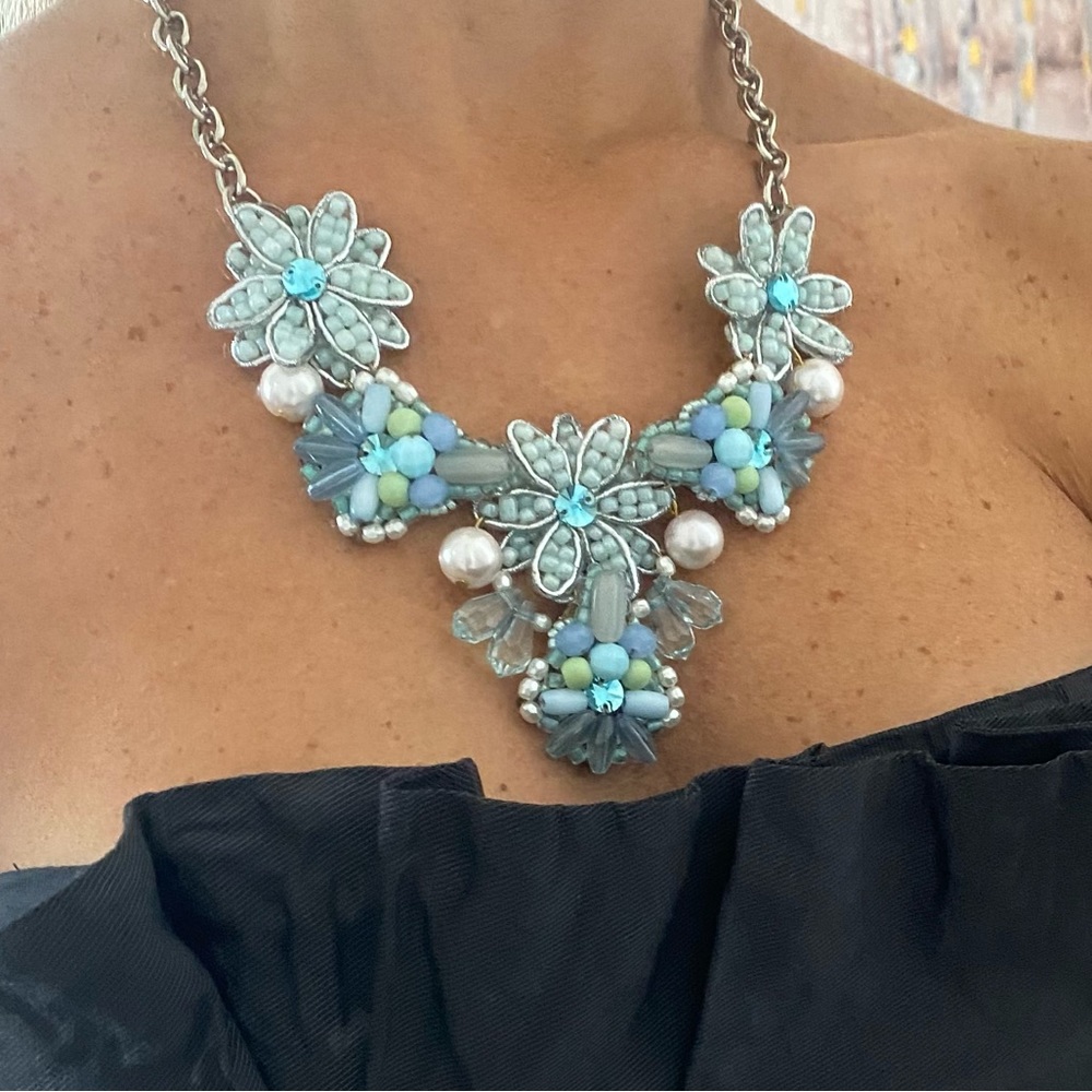 Necklace pearl and gemstones , spinel floral statement